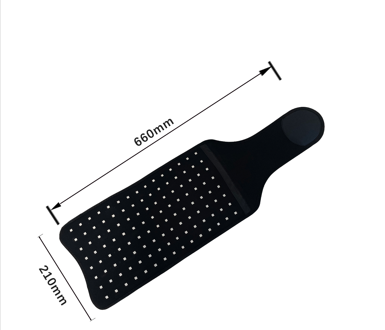 Black paddle with measurements on a white background