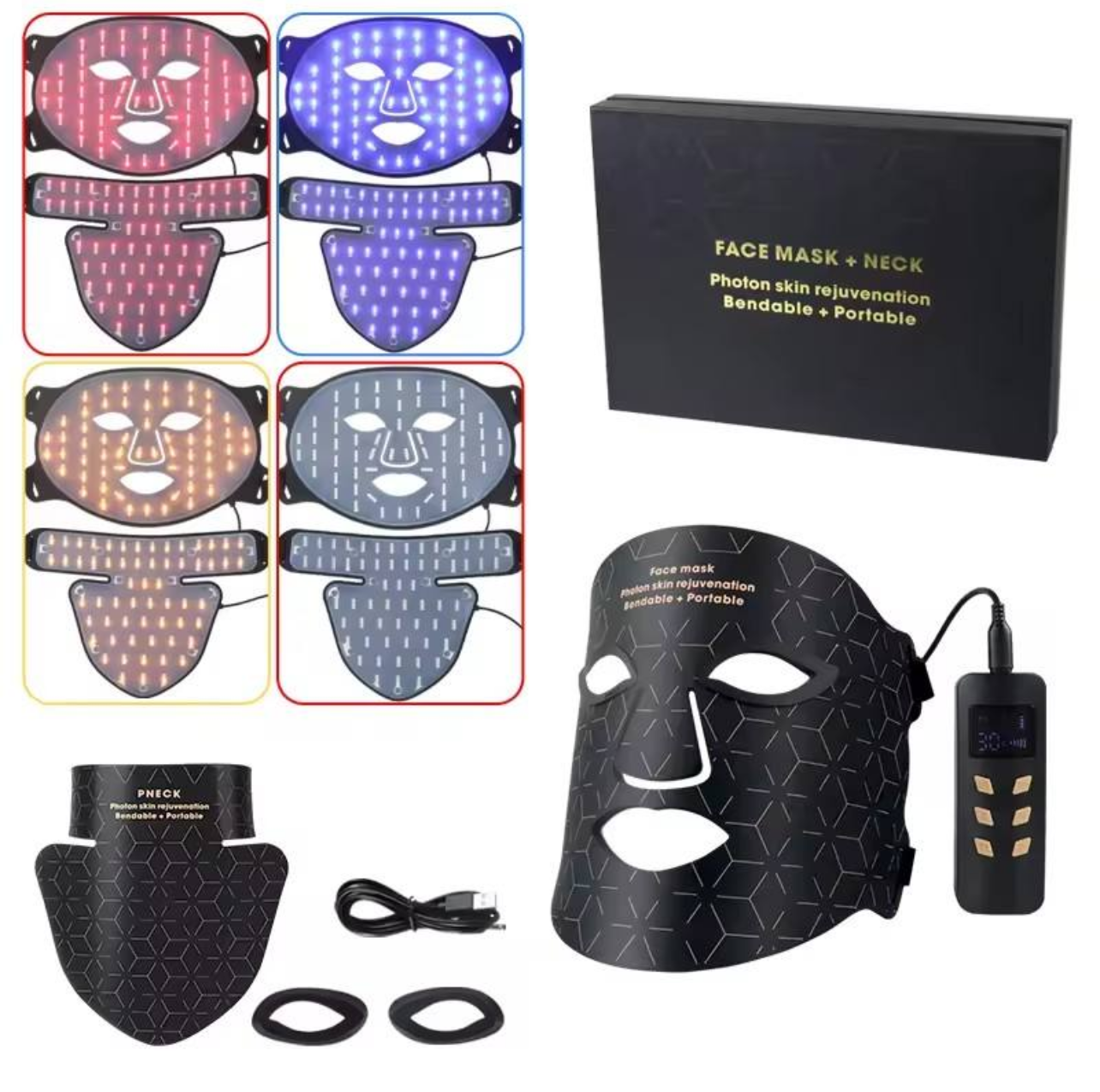 LED face mask with various color options and accessories on a white background