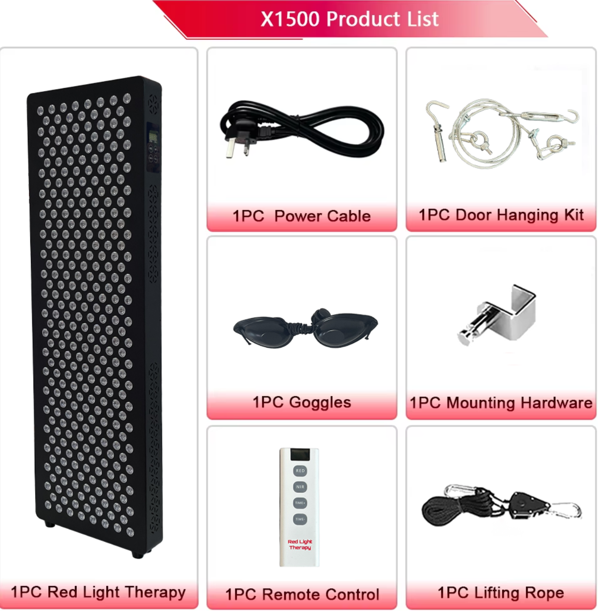 Product list for X1000 with various components on a white background