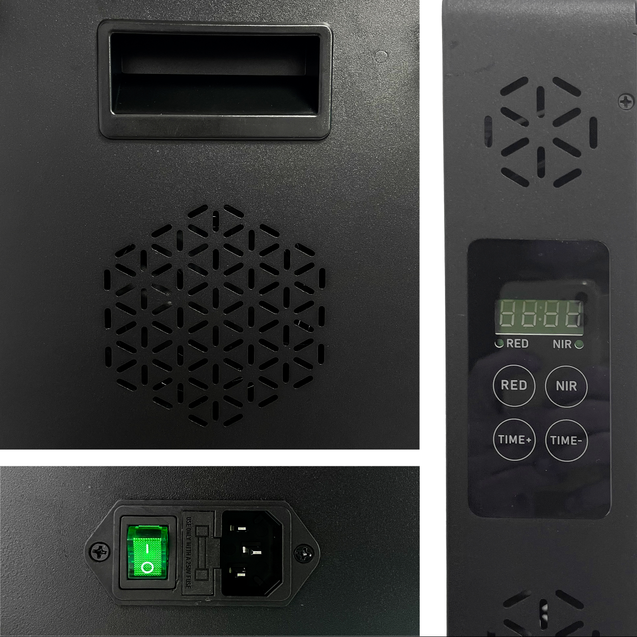 Close-up of a black electronic device with digital display and control buttons.