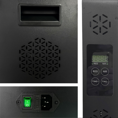 Close-up of a black electronic device with digital display and control buttons.