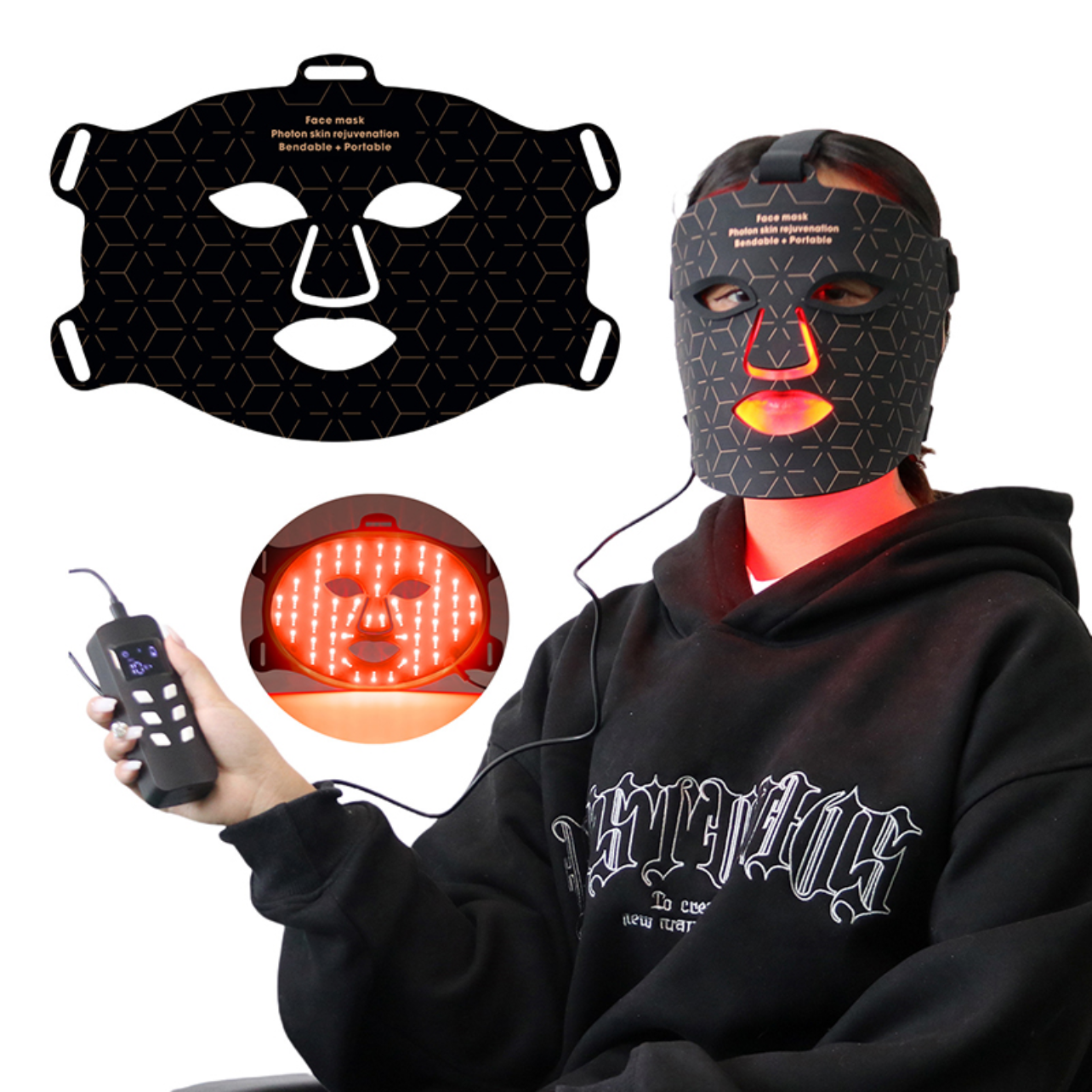 Person wearing a black face mask with LED lights and remote control, with additional face mask and light components displayed.