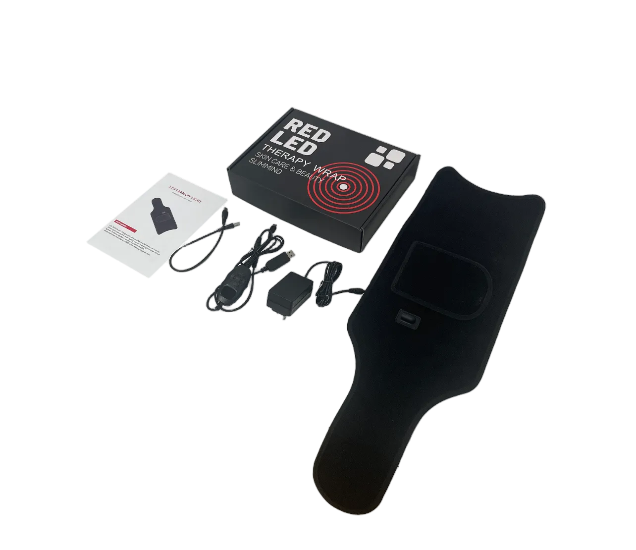 Black heating pad with packaging and accessories on a white background