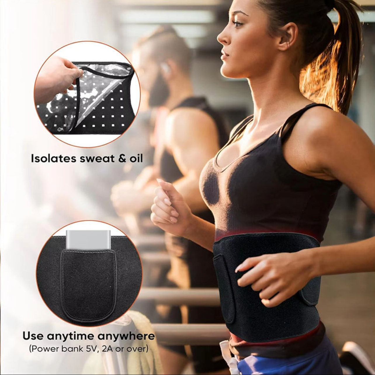 Woman exercising with a black sweat and oil isolation product on a white background