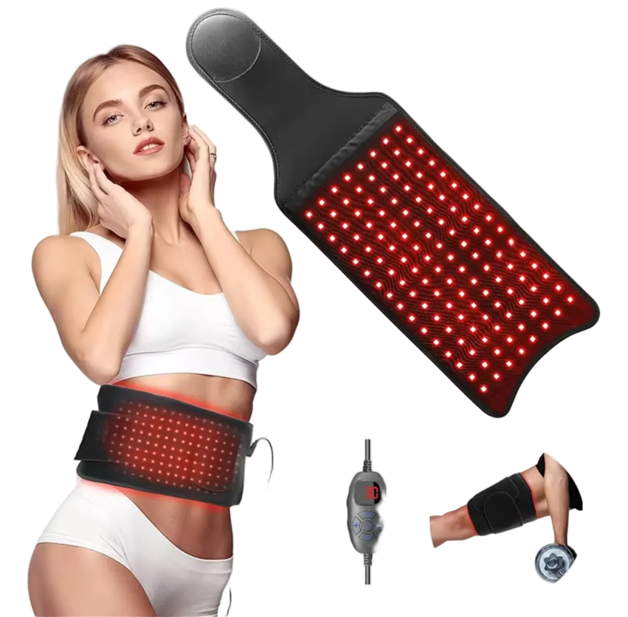 Woman using a red light therapy device on her face with additional devices displayed below.