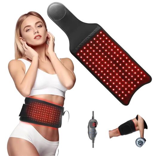 Woman using a red light therapy device on her face with additional devices displayed below.