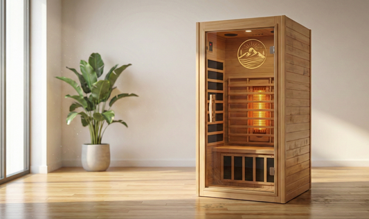 Wooden sauna with a plant on a wooden floor in a room.