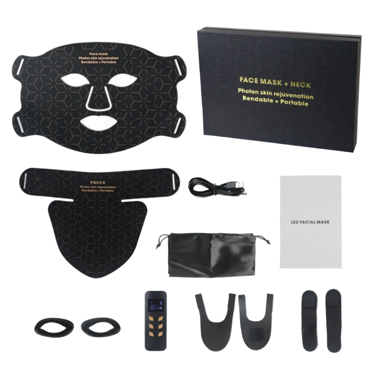 Black skincare mask and tools set on a white background