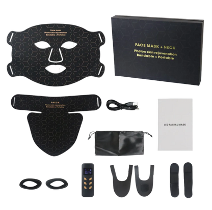 Black skincare mask and tools set on a white background