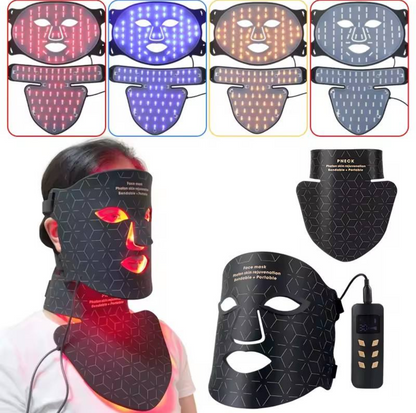 LED face and body mask with various color options and a power adapter.