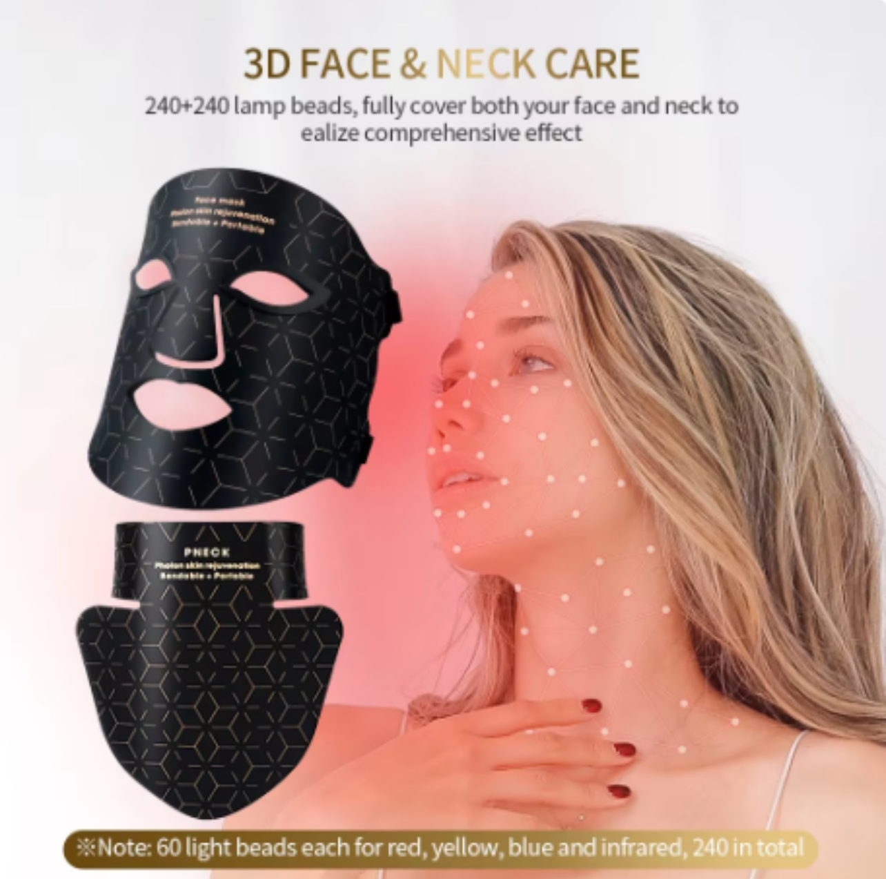 Black face and neck care mask with a woman's face and neck on a pink background