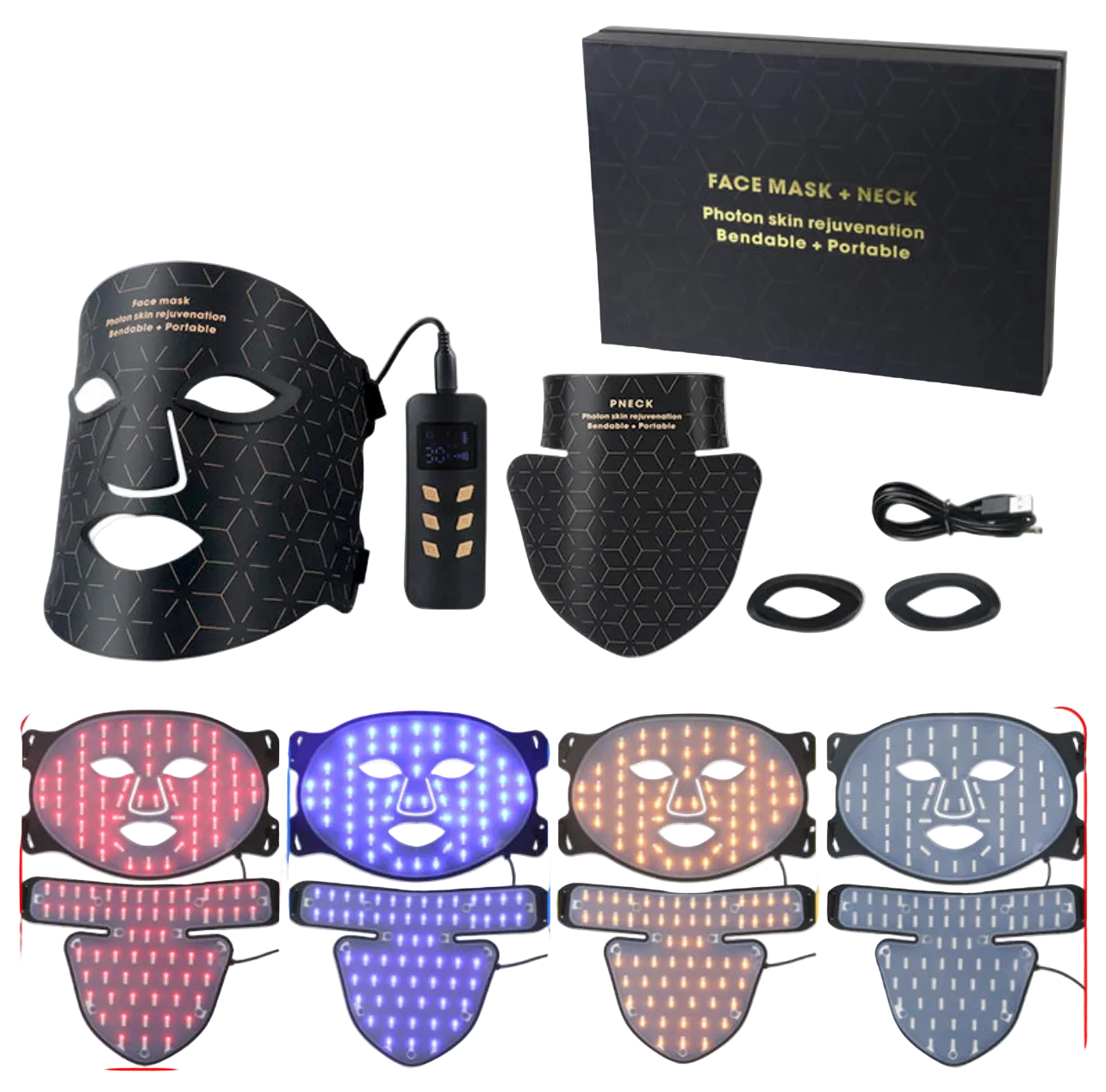 LED face mask with packaging and color display options on a white background