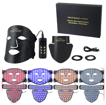 LED face mask with packaging and color display options on a white background