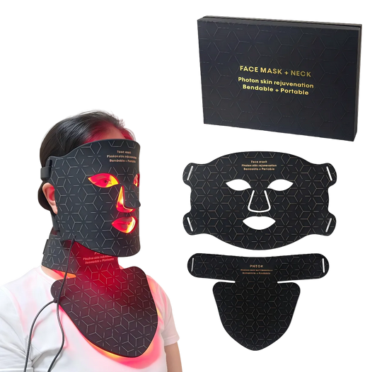 Black face mask with red light therapy device and packaging on a white background