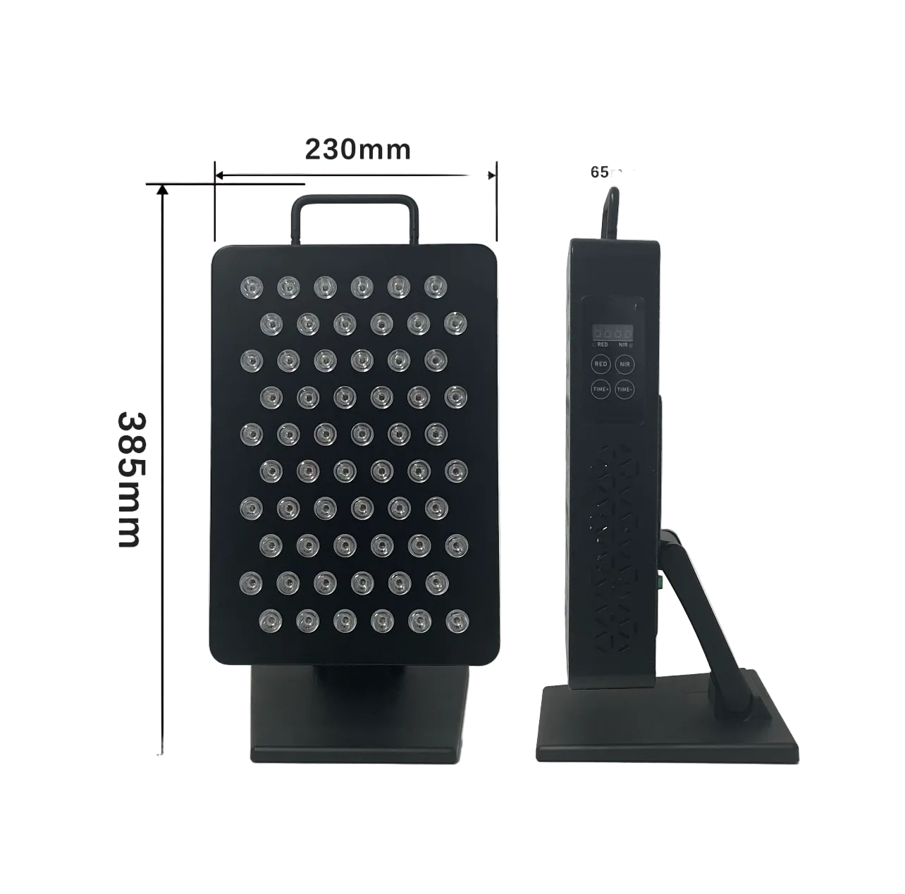 Black handheld device with measurement details on a white background