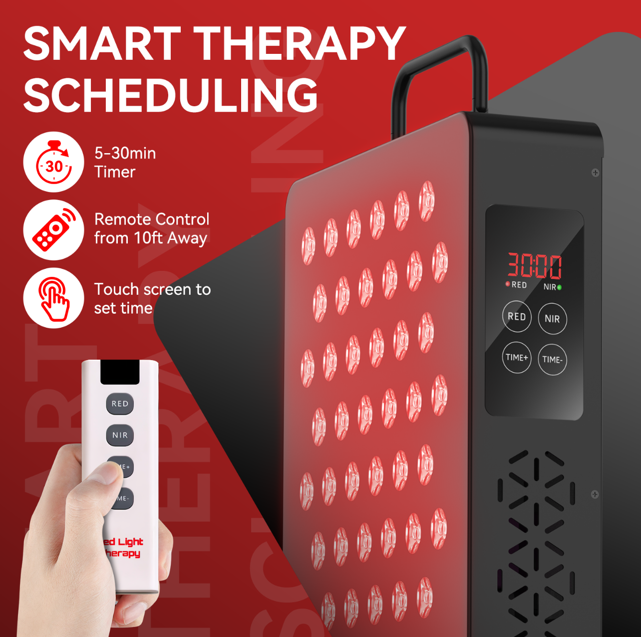 LED therapy device with remote control on a red background