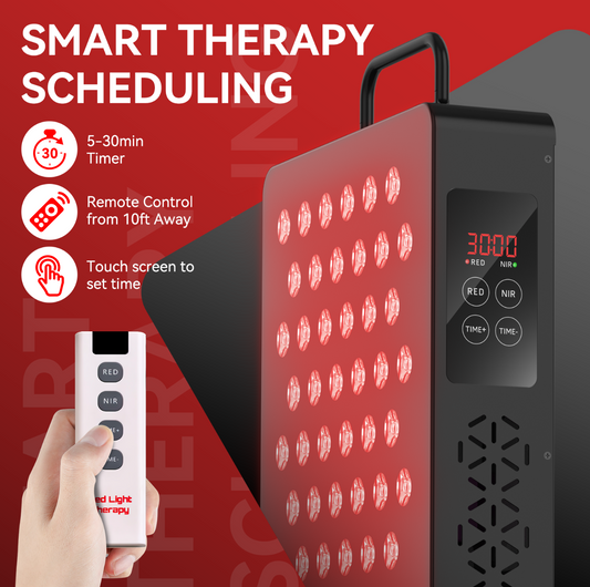 LED therapy device with remote control on a red background