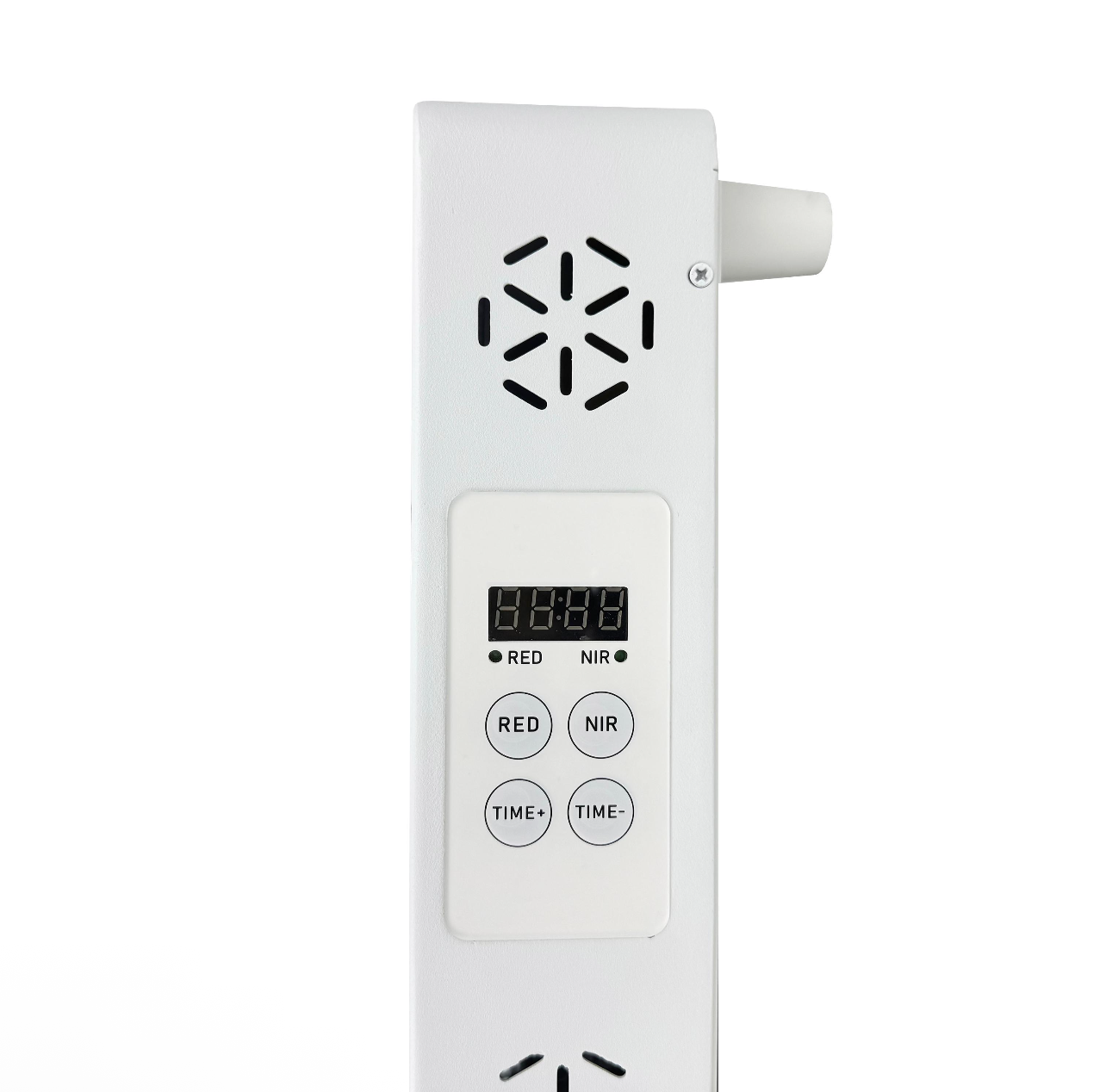 White electronic device with digital display and control buttons on a black background