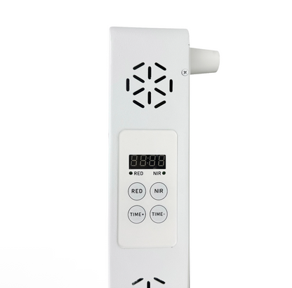 White electronic device with digital display and control buttons on a black background